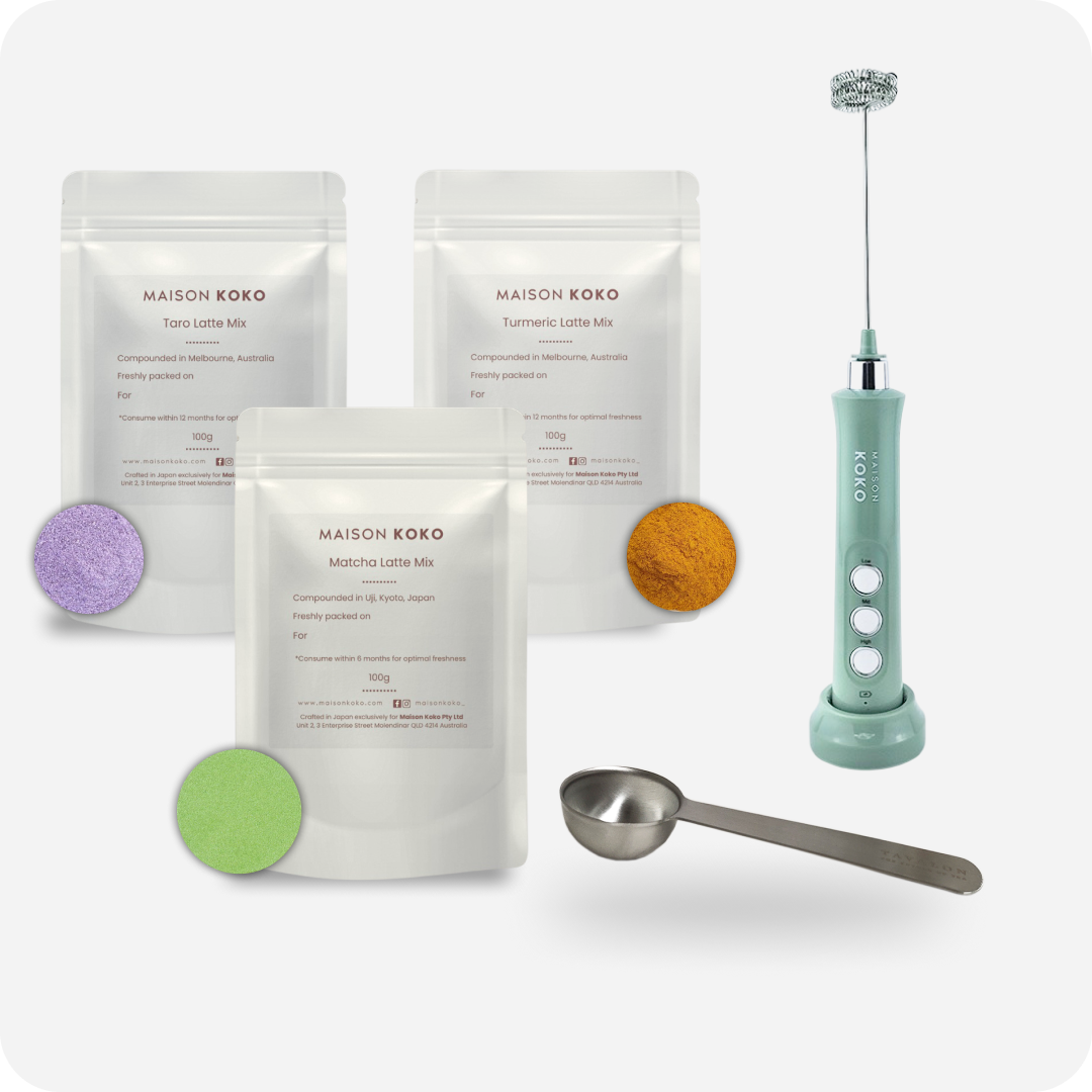 Pro Barista Pack Includes 1 x Taro Latte Mix, 1 x Matcha Latte Mix, 1 x Turmeric Latte Mix, 1 x Measuring Spoon, and 1 x Electric Milk Frother (Matcha Green) | Maison Koko
