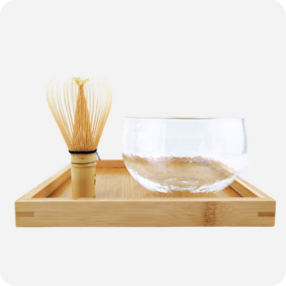 Bamboo Matcha Whisk With Bamboo Matcha Whisk & Glass Matcha Bowl with Spout (500ml Textured Glass) | Maison Koko