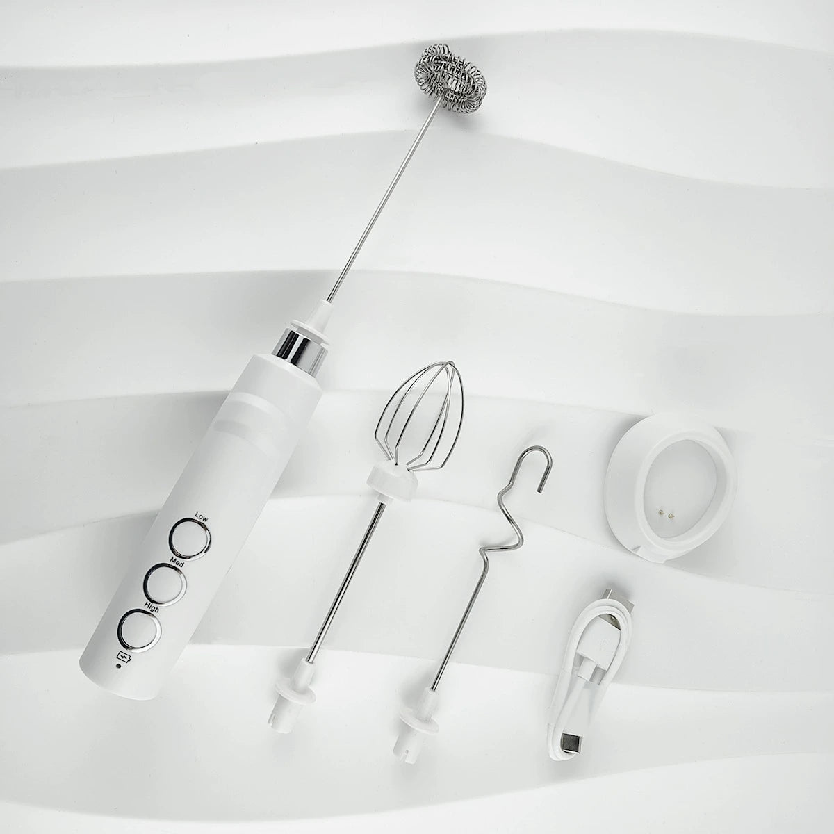 Electric Milk Frother Stick with Charging Stand 3 different high-quality stainless steel whisks | Maison Koko