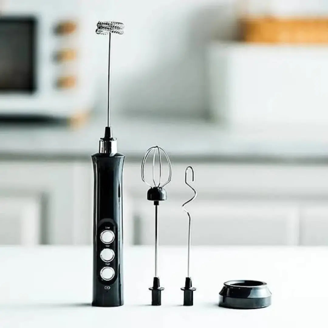 Electric Milk Frother Stick with Charging Stand (Black) Includes 3 Different High-quality Stainless Steel Whisks | Maison Koko