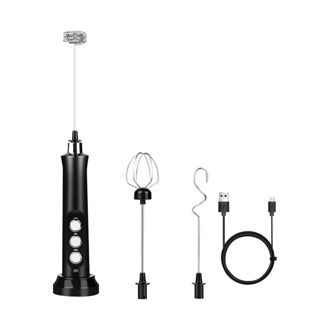 Electric Milk Frother Stick with Charging Stand (Black) Includes 3 Different Stainless Steel Whisks | Maison Koko