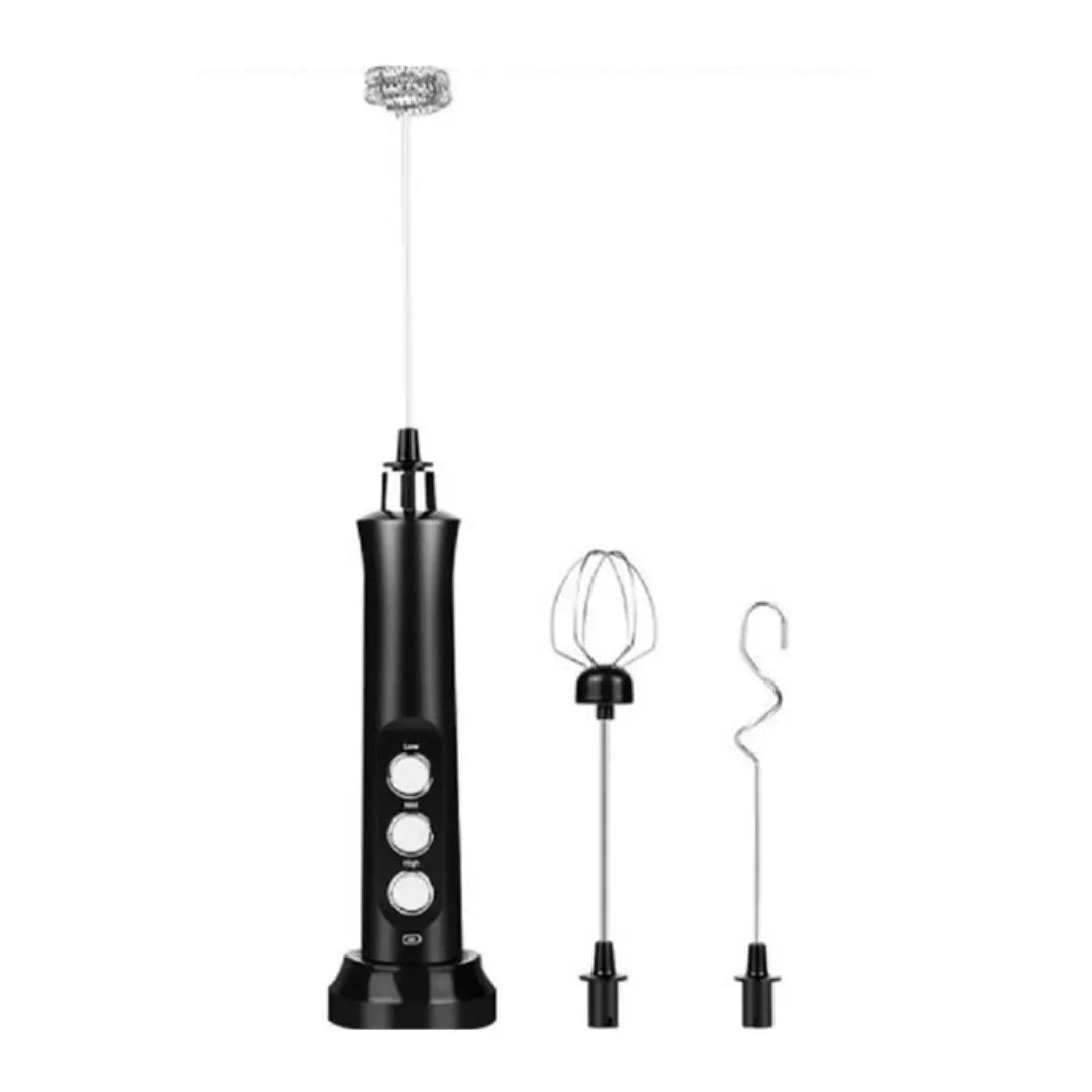 Electric Milk Frother Stick with Charging Stand (Black) Includes 3 Different Whisks | Maison Koko