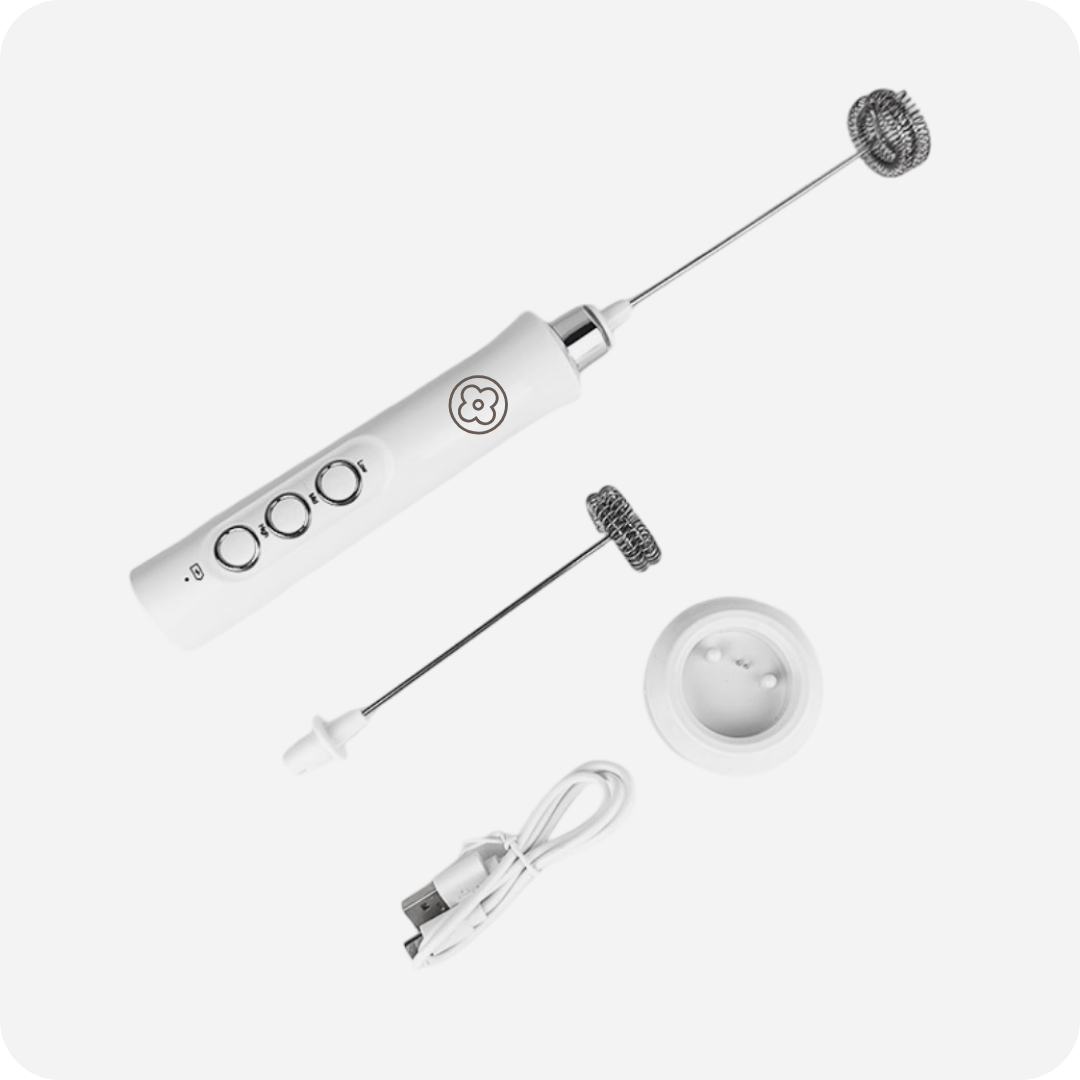 Electric Milk Frother Stick with Charging Stand (White) | Maison Koko