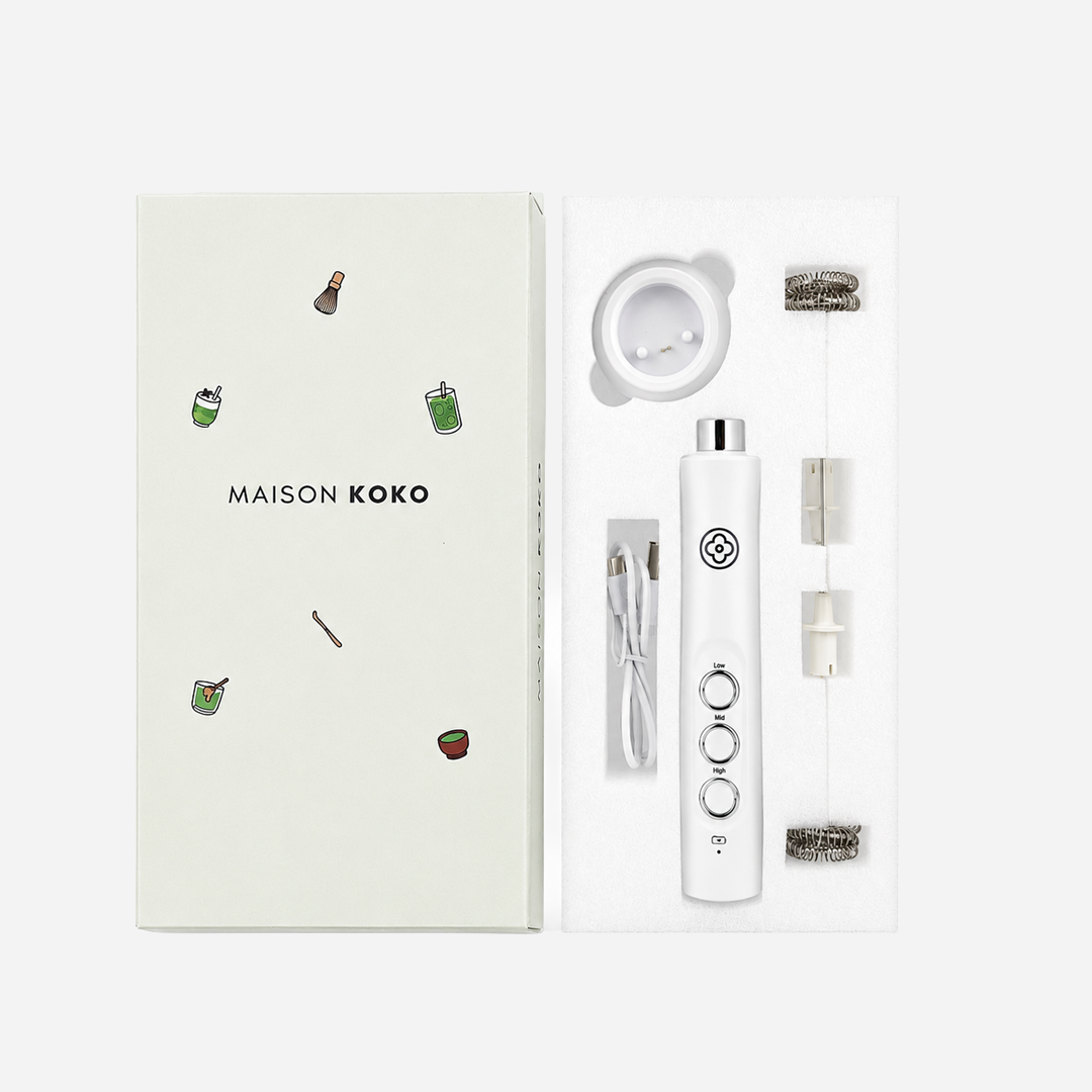Electric Milk Frother Stick with Charging Stand (White) Inside the Box | Maison Koko