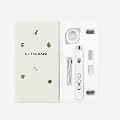 Electric Milk Frother Stick with Charging Stand (White) Inside the Box | Maison Koko