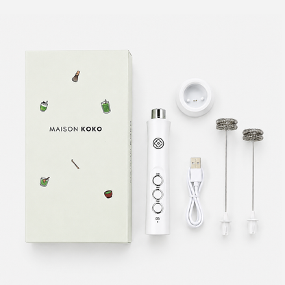 Electric Milk Frother Stick with Charging Stand (White) Unbox | Maison Koko