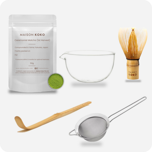 Essential Matcha Bundle Includes Matcha Powder, Matcha Bowl, Bamboo Whisk, Matcha Scoop, Matcha Sifter | Maison Koko