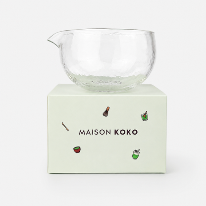 Glass Matcha Bowl with Spout (500ml Textured Glass) Front View | Maison Koko