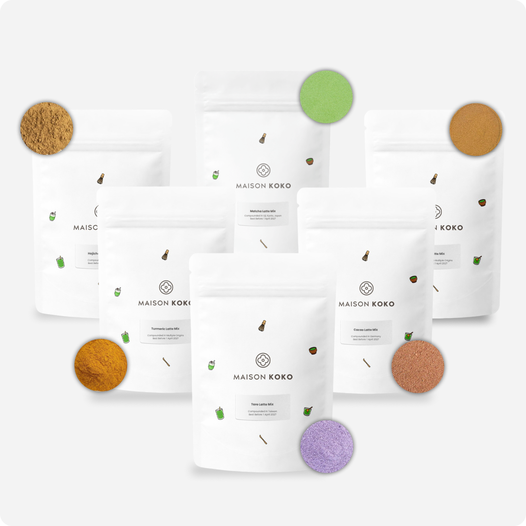 Latte Explorer Pack Includes Matcha Latte Mix Taro Latte Mix Hojicha Latte Mix Chai Latte Mix Turmeric Latte Mix Cacao Latte Mix | Maison Koko