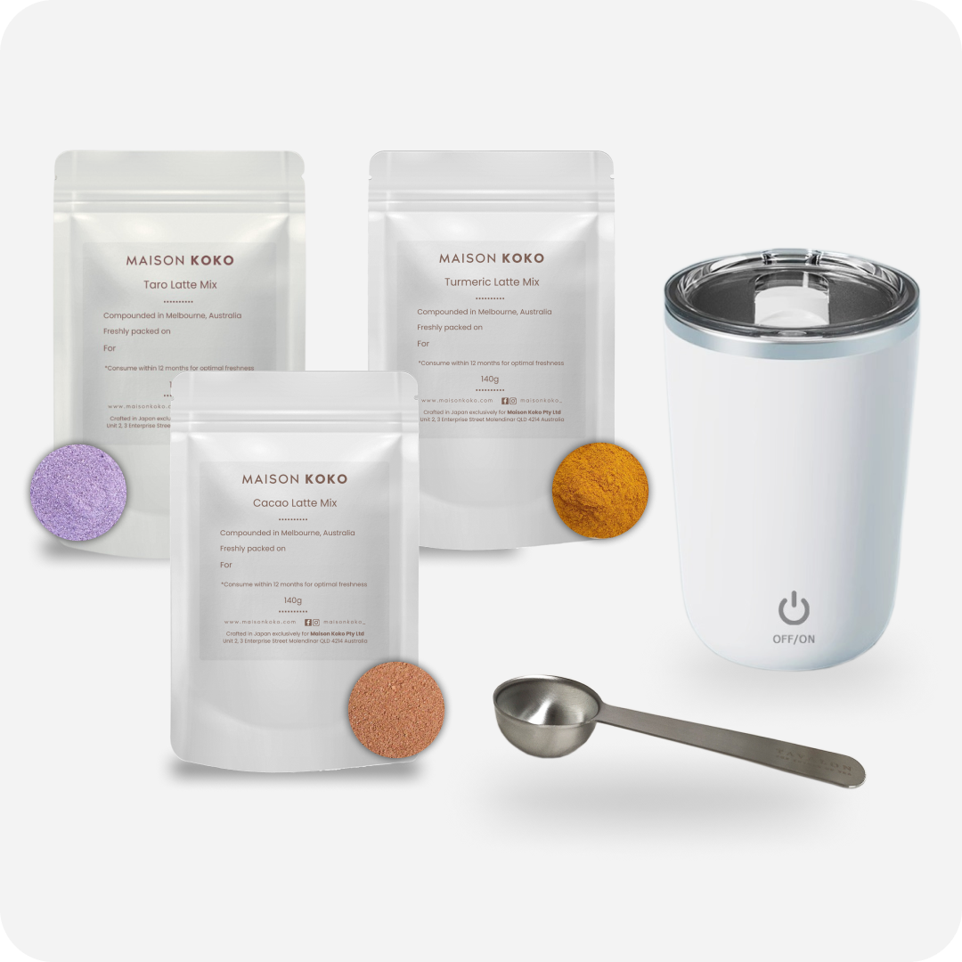 Pro Barista Pack Includes 1 x Taro Latte Mix, 1 x Cacao Latte Mix, 1 x Turmeric Latte Mix, 1 x Measuring Spoon, and 1 x Electric Stirring Cup | Maison Koko