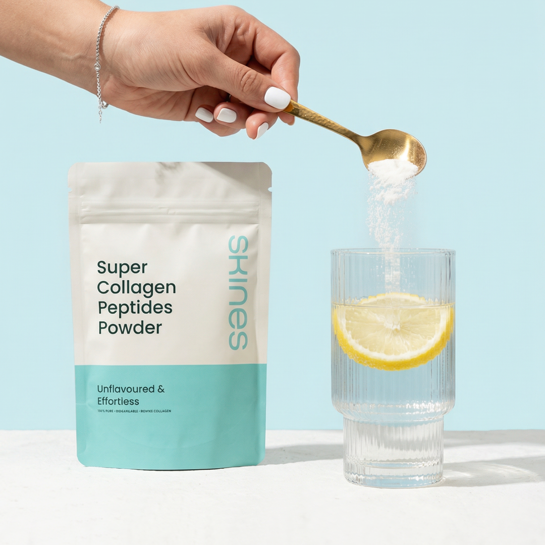 SKINES Super Collagen Peptides Powder Package Front View Using in A Drink | Maison Koko