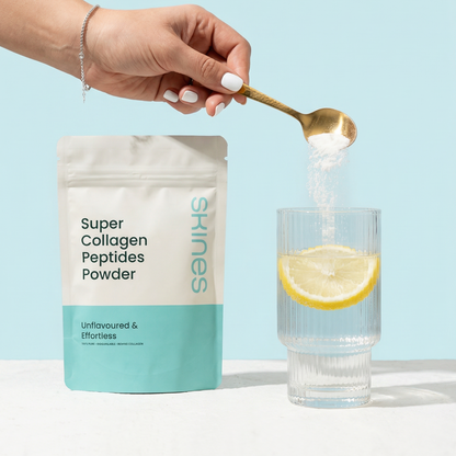 SKINES Super Collagen Peptides Powder Package Front View Using in A Drink | Maison Koko